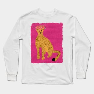 Magenta Leopard with Flower Crown Long Sleeve T-Shirt